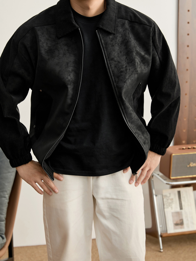 個性潮牌鉚釘拼接式設計PU防風外套燈芯絨插肩袖拼接夾克男