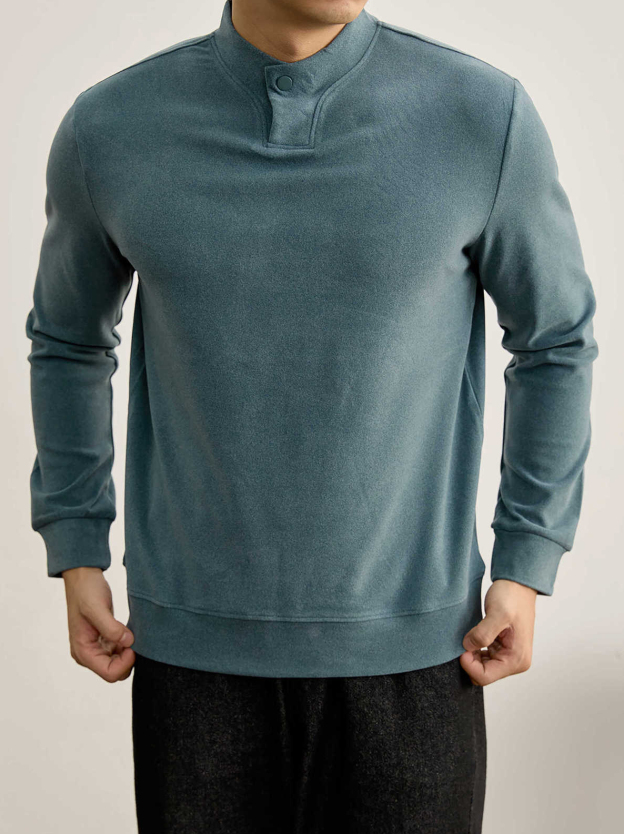 莫蘭迪色系冬季保暖德絨打底衫衛衣復古風一粒扣中領上衣男