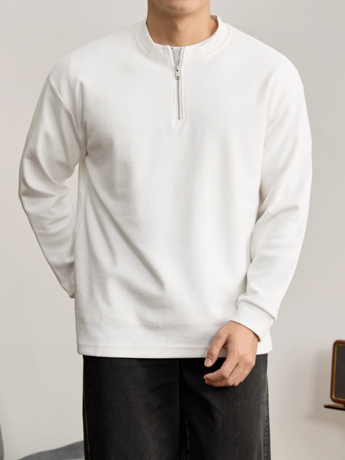 簡約百搭半拉鍊立領白T恤衫男士立體編織肌理感長袖針織衛衣