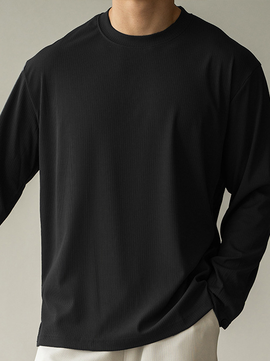 垂感肌理感條紋襯衫袖圓領長袖T恤男士春季新款休閒寬鬆打底