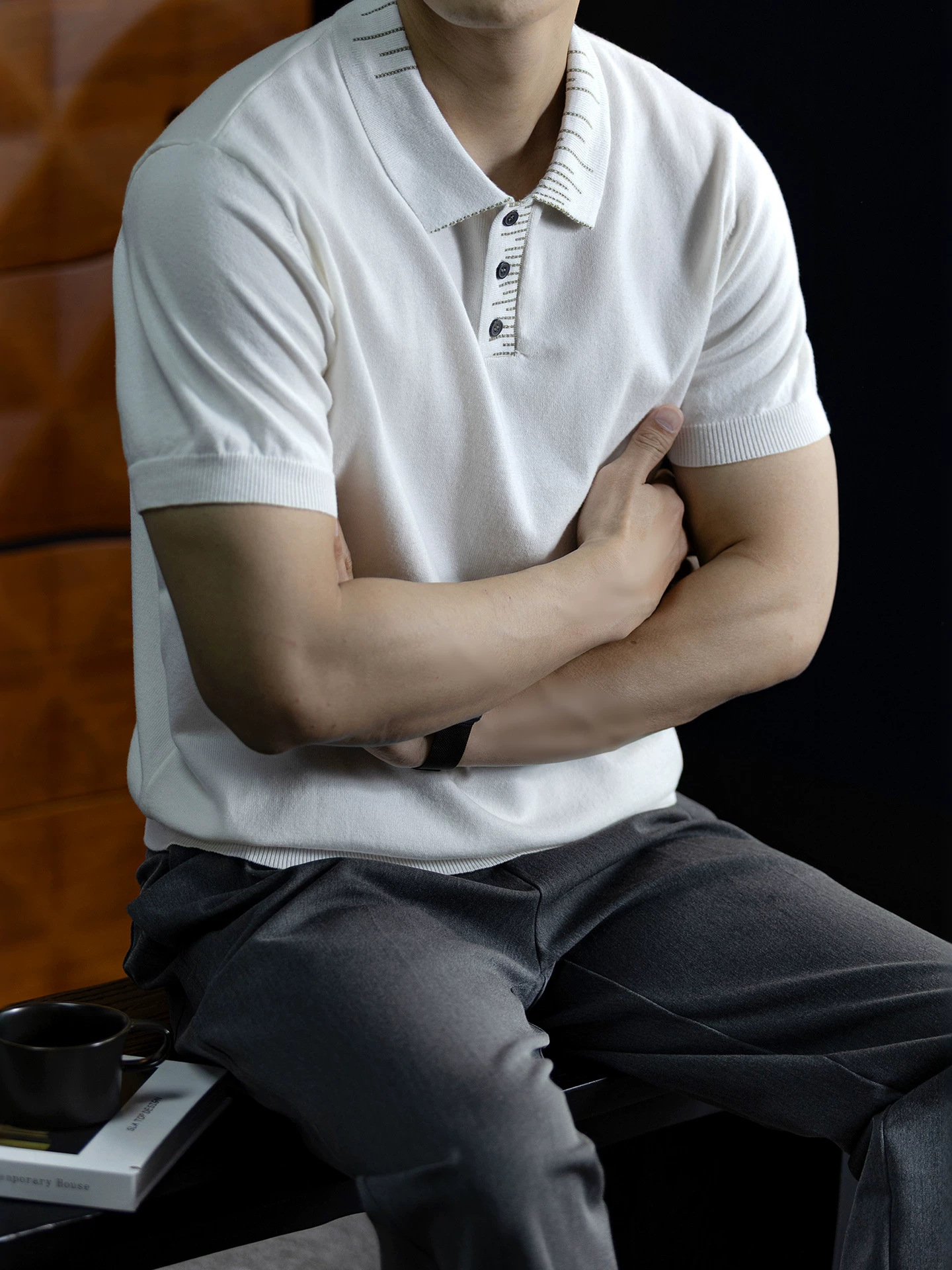 【頂奢系列】復古撞色織花設計短袖polo針織衫男透氣柔彈商務薄款
