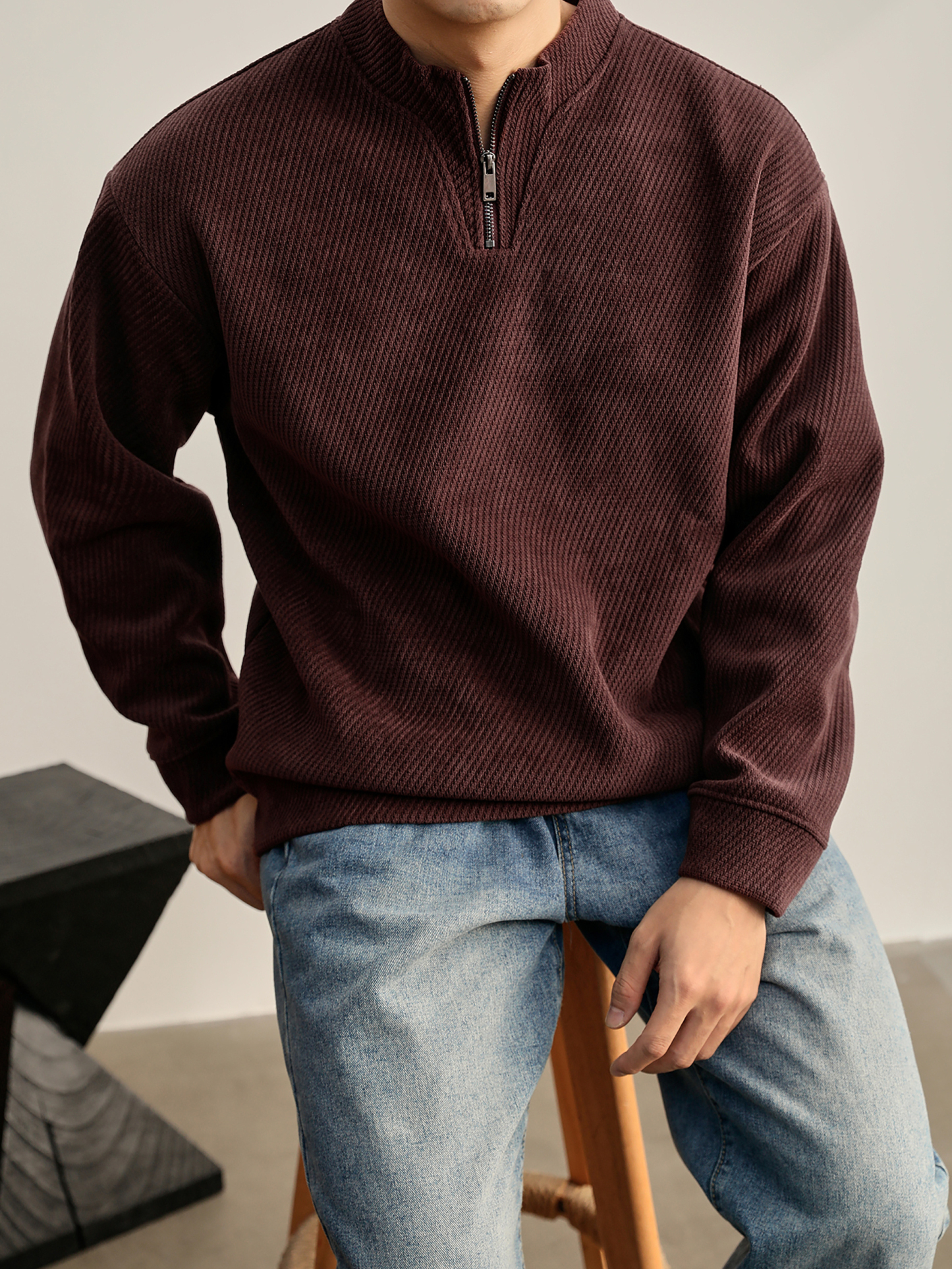 重磅550g斜紋美式半拉鍊衛衣男秋冬慵懶風純色立領長袖上衣