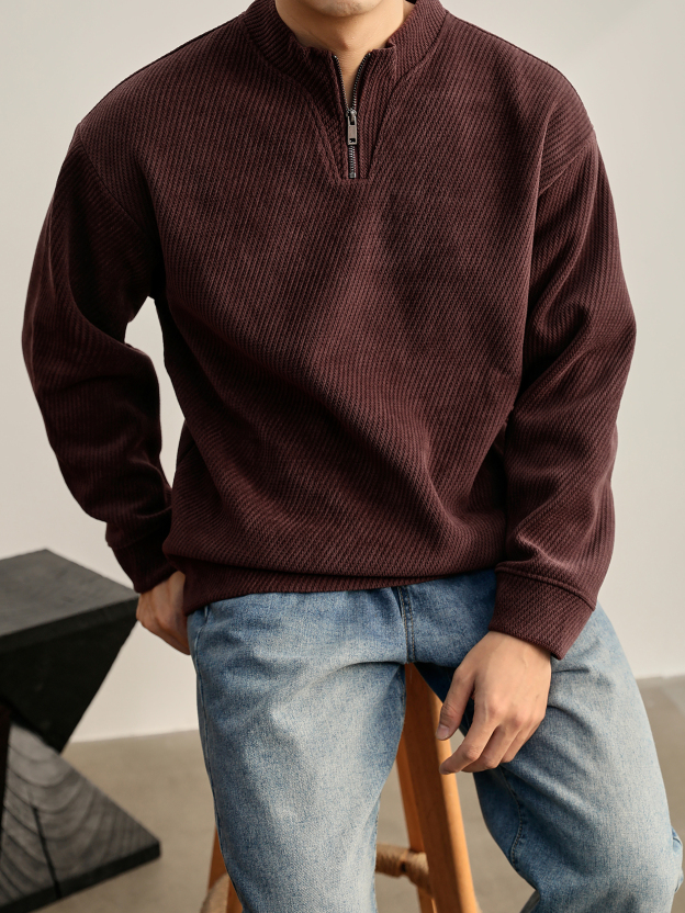 重磅550g斜紋美式半拉鍊衛衣男秋冬慵懶風純色立領長袖上衣