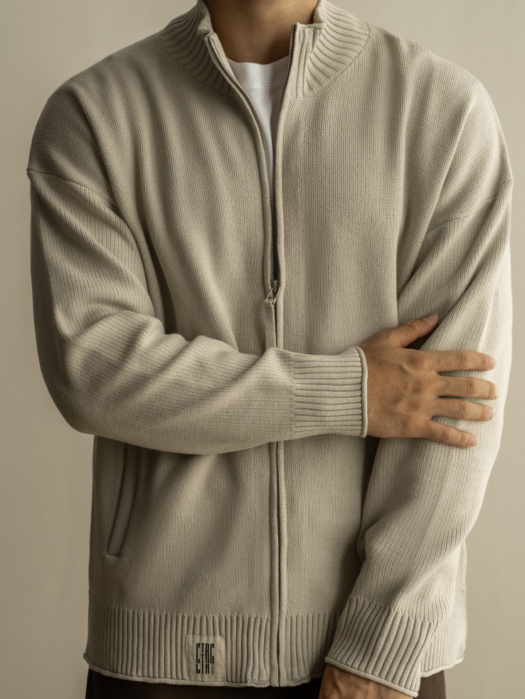 拉鍊開衫毛衣外套男士秋冬立領微寬鬆針織衫基礎休閒上衣