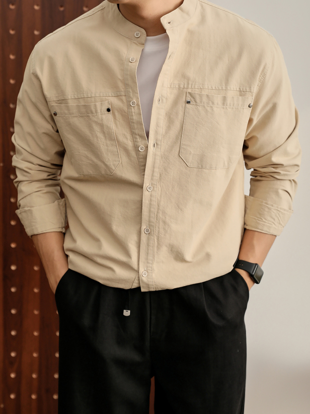 时尚潮奢立领长袖衬衫100%纯棉金属铆钉双口袋衬衣外套男款