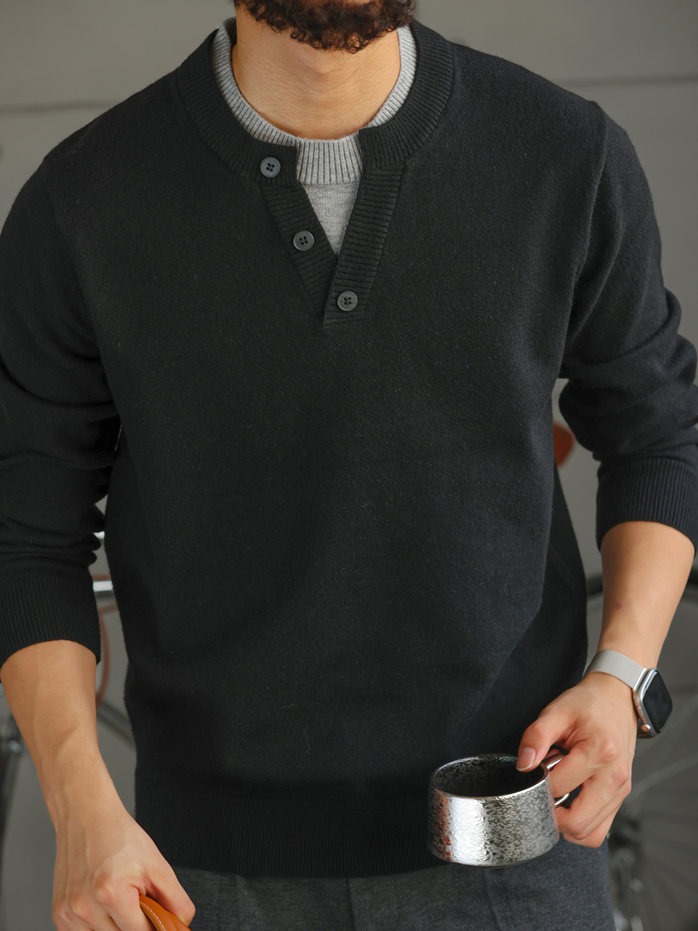 【紳士型格】羊毛混紡假兩件圓領毛衣男易打理針織打底衫