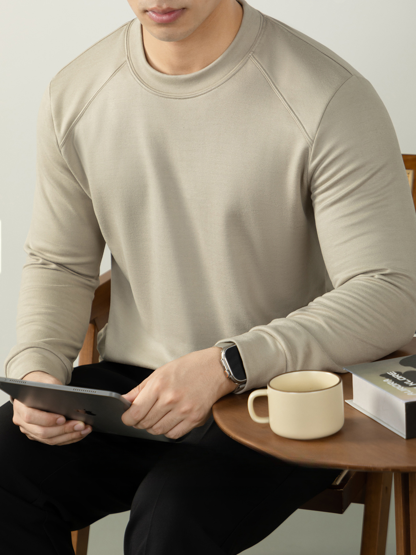 桑蠶絲羊毛混紡雙面絨秋冬內搭長袖T恤圓領輕商務保暖衣