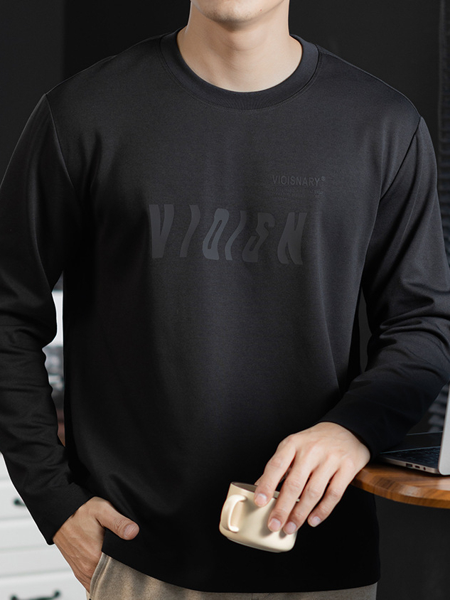 超舒適！莫代爾雲感棉T恤男長袖打底衫春秋高端3D燙花百搭鬆弛感