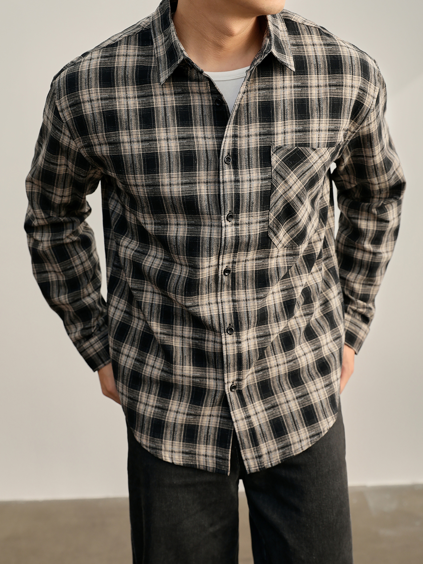 秋季美式復古長袖撞色格紋襯衫男士古着慵懶風100%純棉襯衣