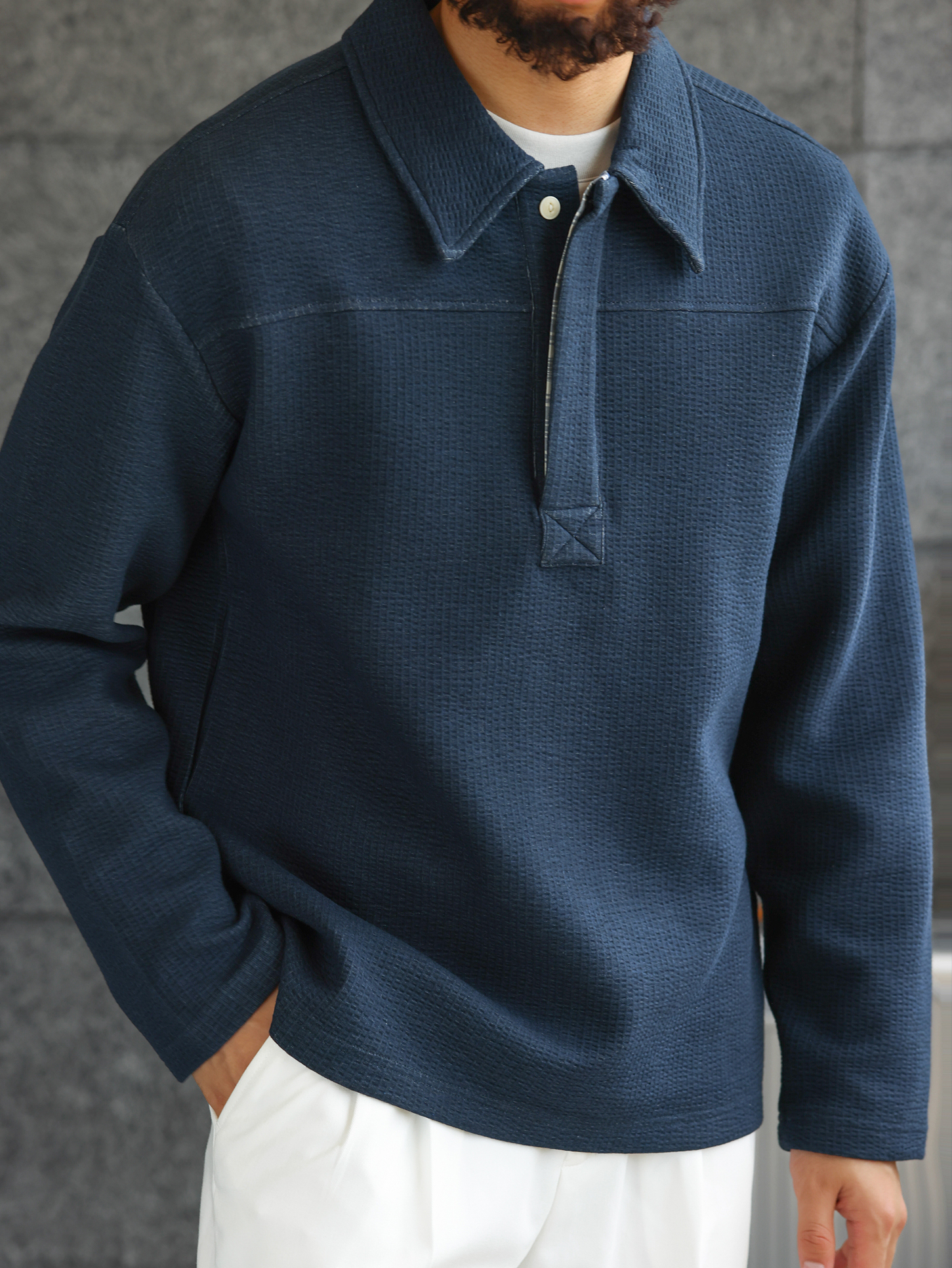 【藍調紳士】空氣層提花肌理半開襟POLO衫男通勤長袖上衣