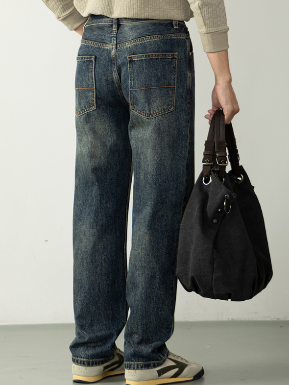 【美式復古懷舊】水洗牛仔褲男長褲微闊直筒舒適休閒褲潮流高級感