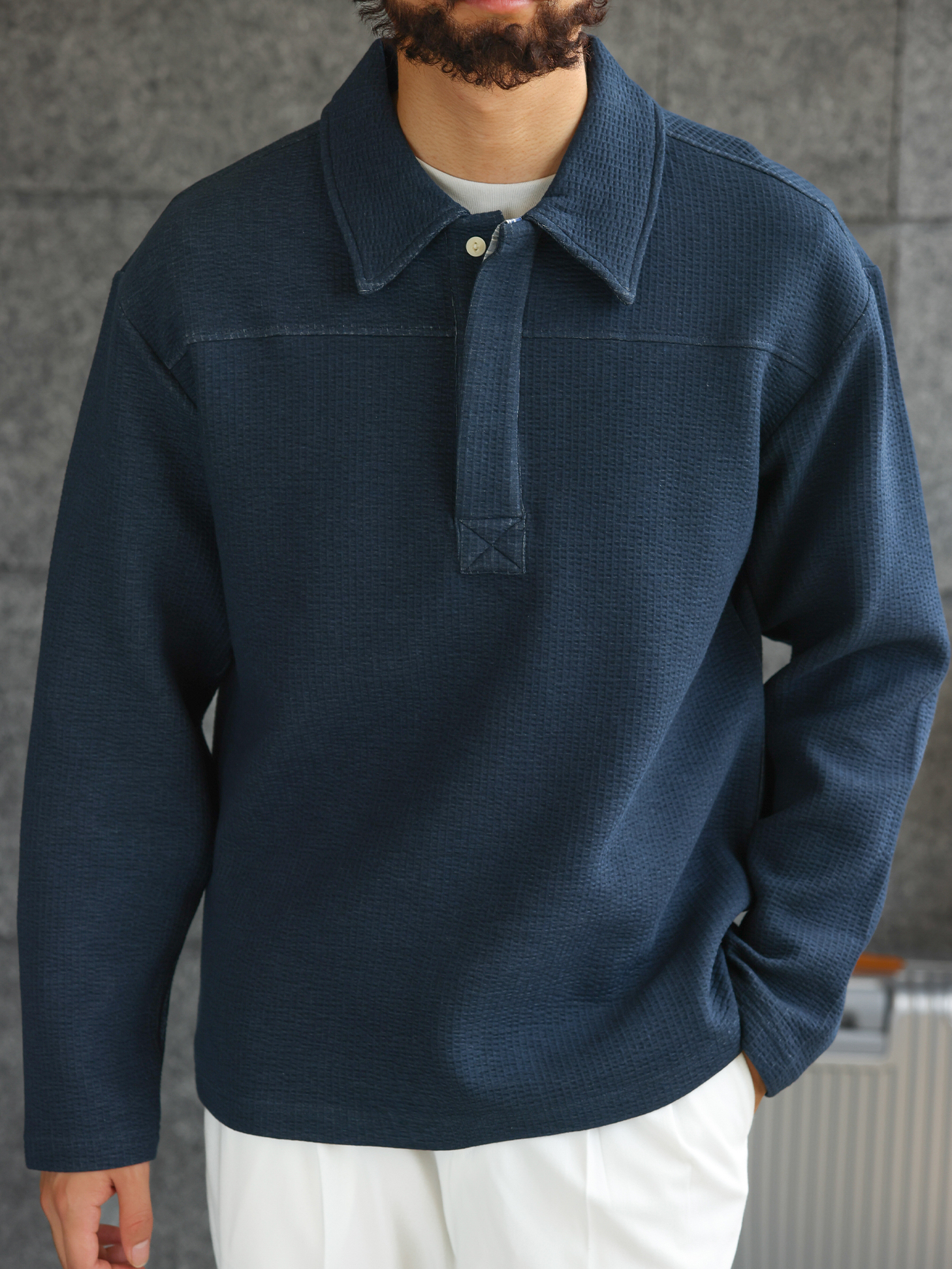 【藍調紳士】空氣層提花肌理半開襟POLO衫男通勤長袖上衣