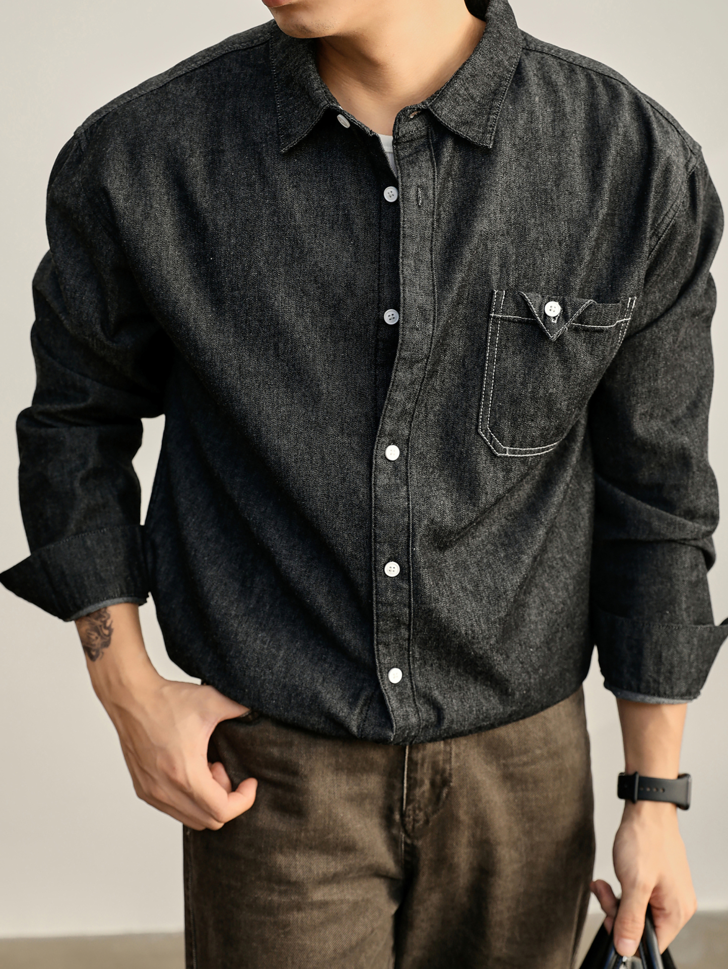 美式復古輯明線貼布口袋牛仔長袖襯衫男秋季水洗棉襯衣外套