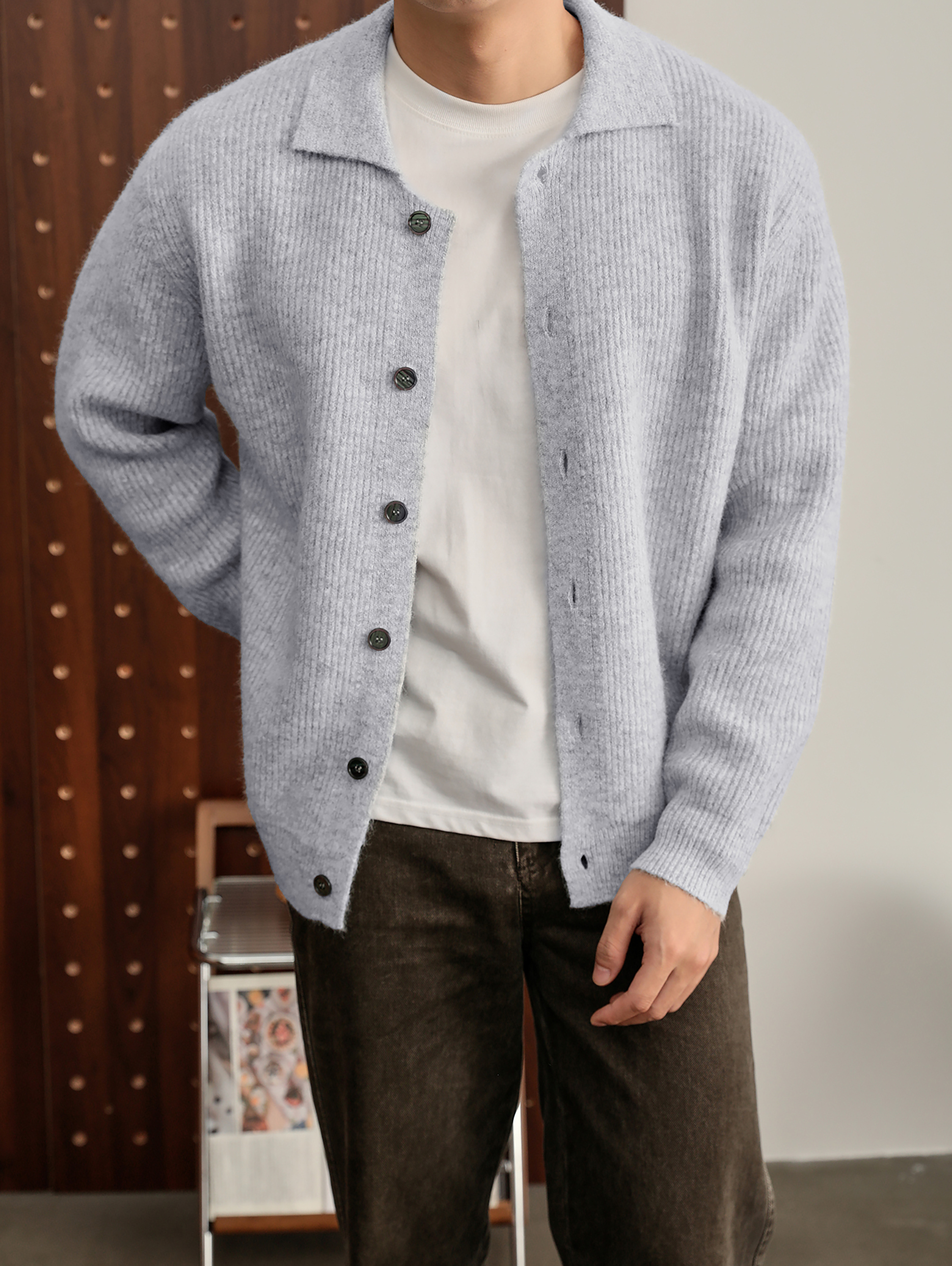 羊毛混紡老錢風翻領針織開衫男簡約休閒混花色毛衣外套秋冬