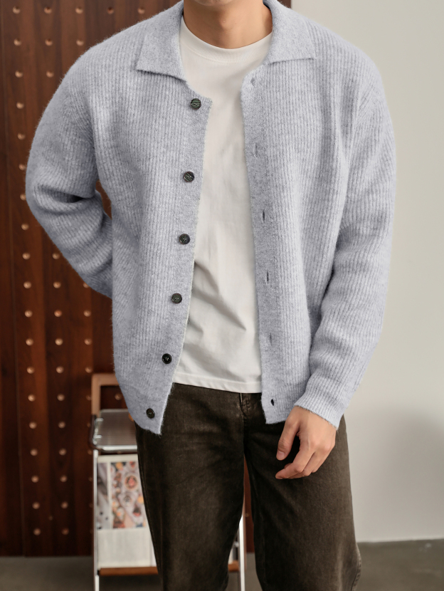 羊毛混紡老錢風翻領針織開衫男簡約休閒混花色毛衣外套秋冬