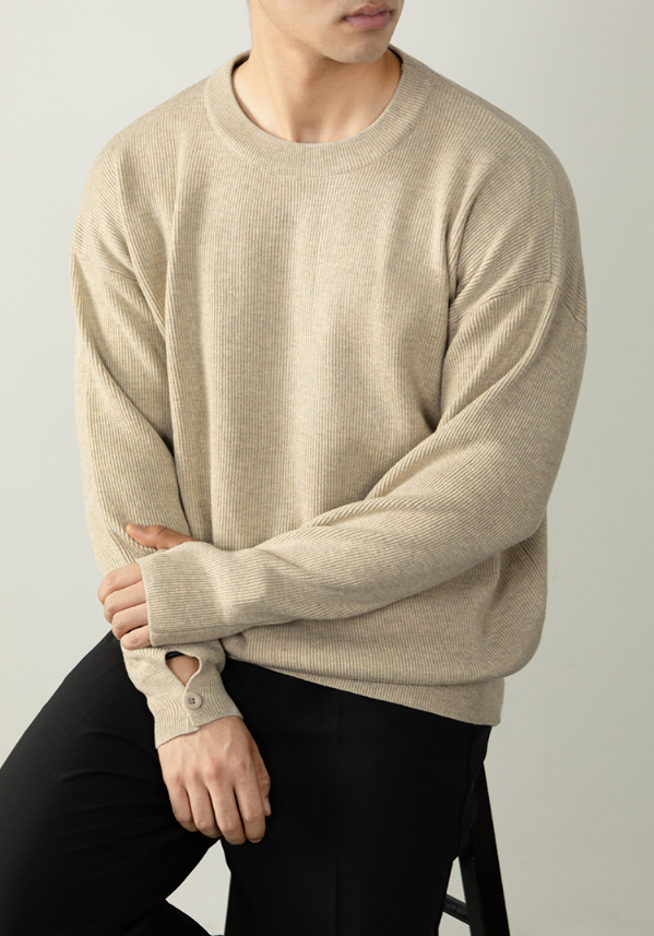 【鬆弛高級感】豎紋肌理寬鬆針織衫男厚實秋冬紐扣袖口設計毛線衣