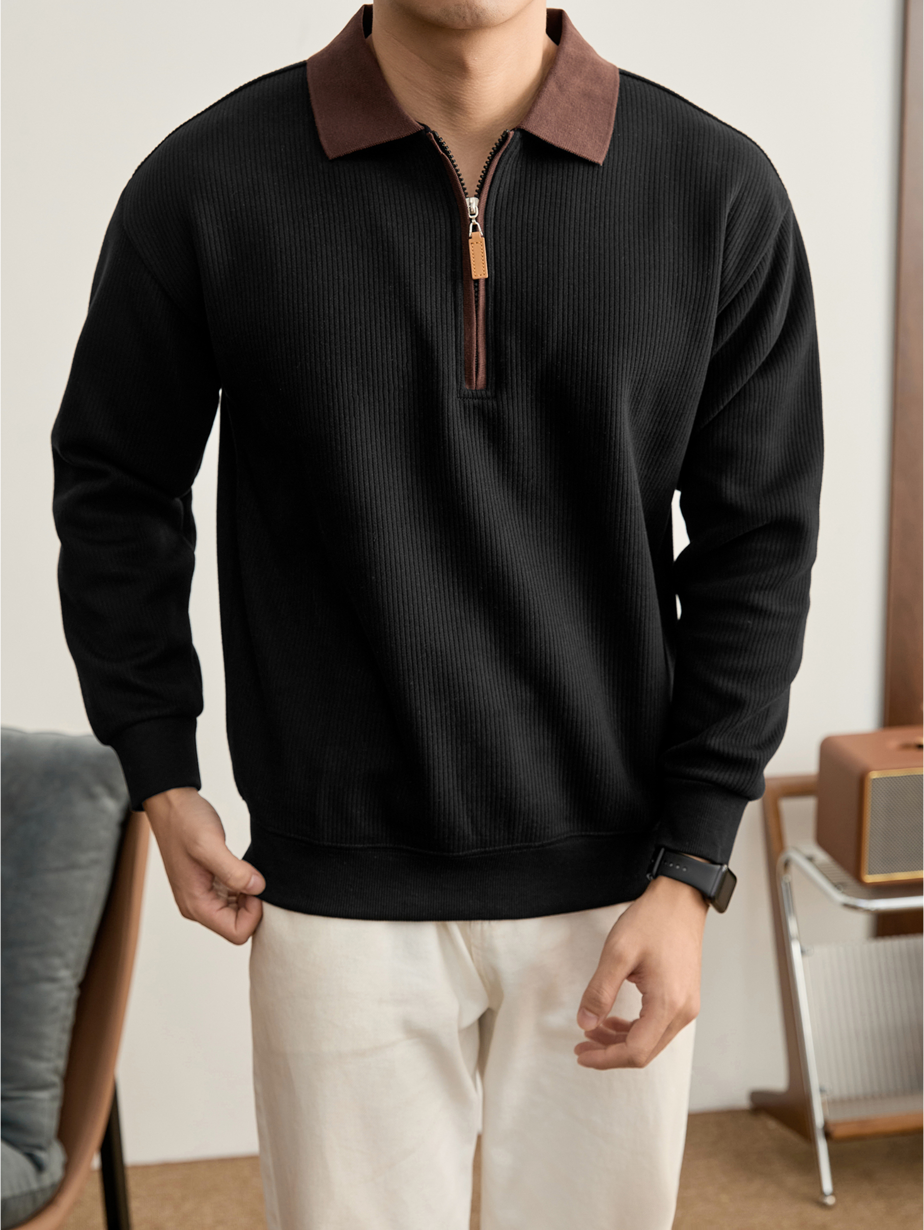  知識分子風男士半拉鍊撞色翻領針織POLO衫秋冬豎紋肌理上衣