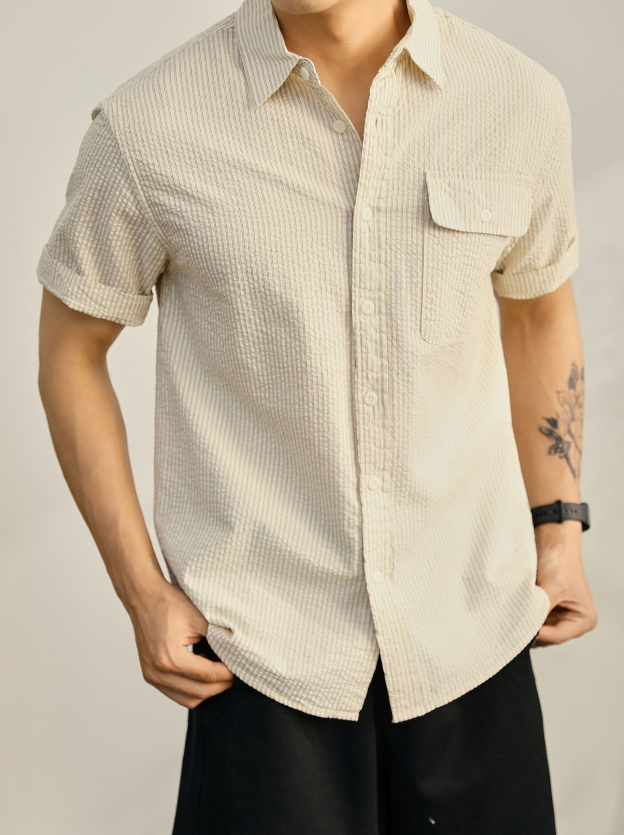 輕熟風男士條紋襯衫肌理感文藝韓範翻領上衣慵懶感簡約短袖襯衫