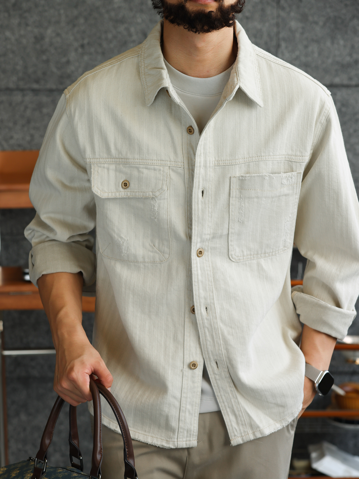 【智性通勤】純棉雙色人字紋牛仔襯衫男細膩質感休閒外套