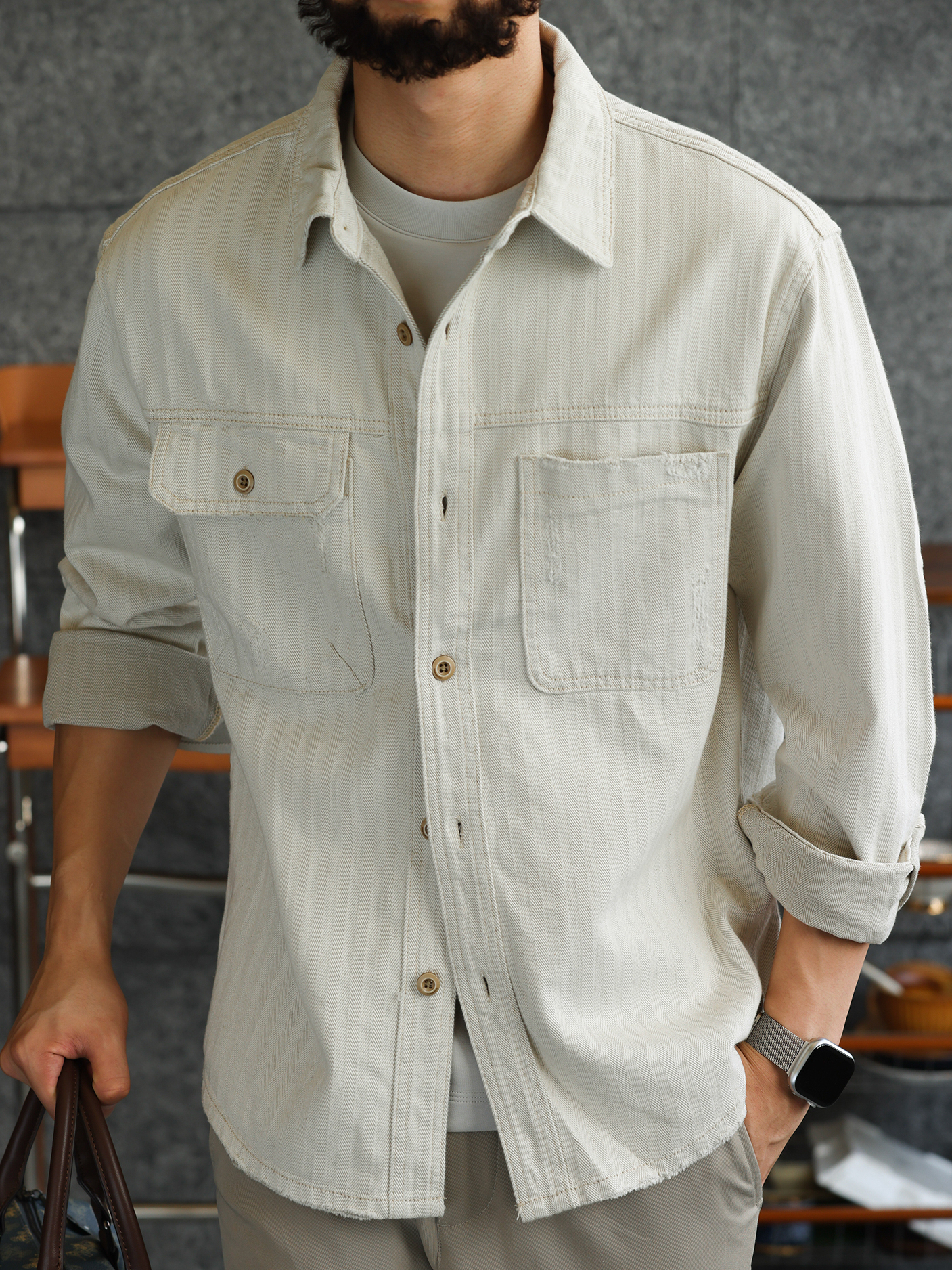 【智性通勤】純棉雙色人字紋牛仔襯衫男細膩質感休閒外套