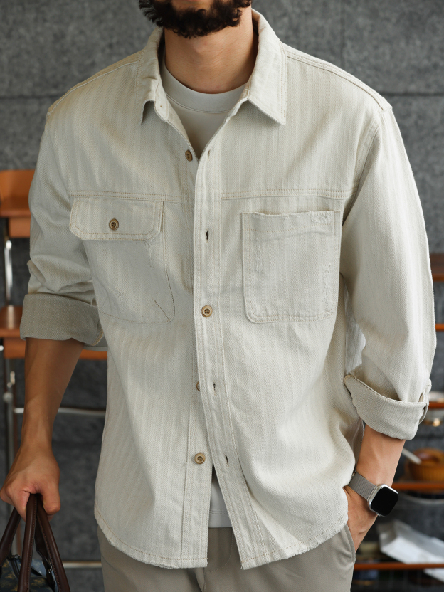 【智性通勤】純棉雙色人字紋牛仔襯衫男細膩質感休閒外套