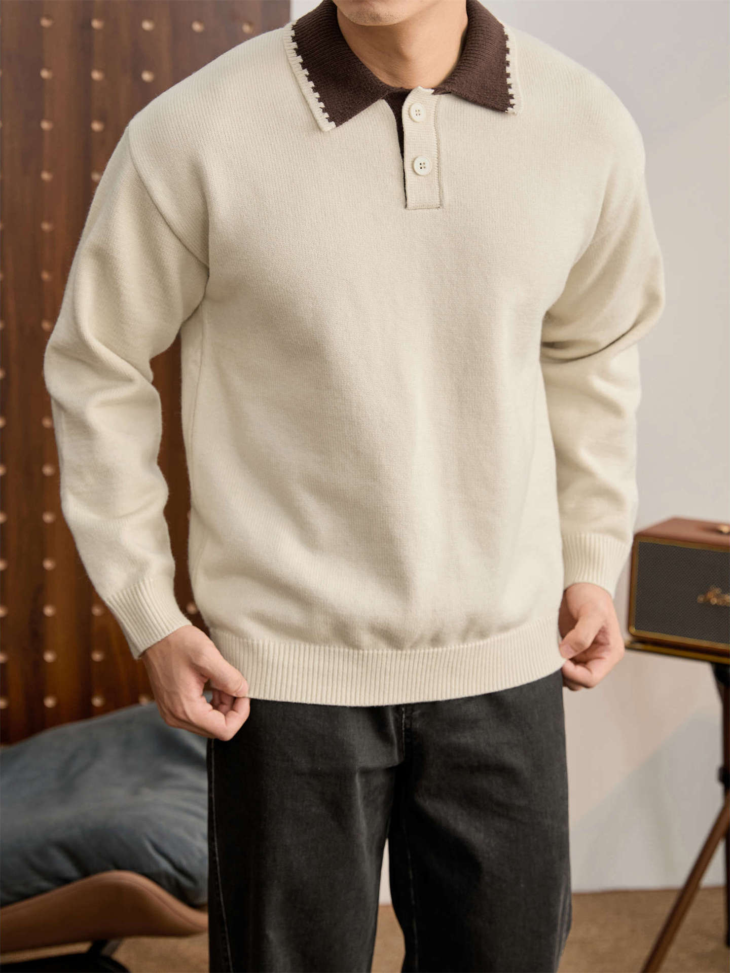 復古老錢風抗起球針織衫衛衣男士秋冬季撞色翻領長袖POLO衫