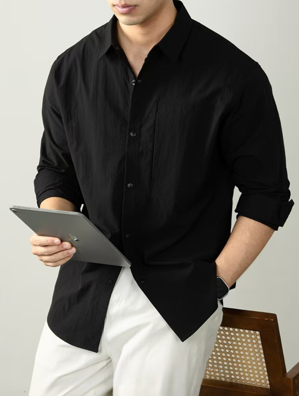 【鬆弛無齡感】泡泡格襯衫男長袖寬鬆設計感高端商務休閒襯衣時尚