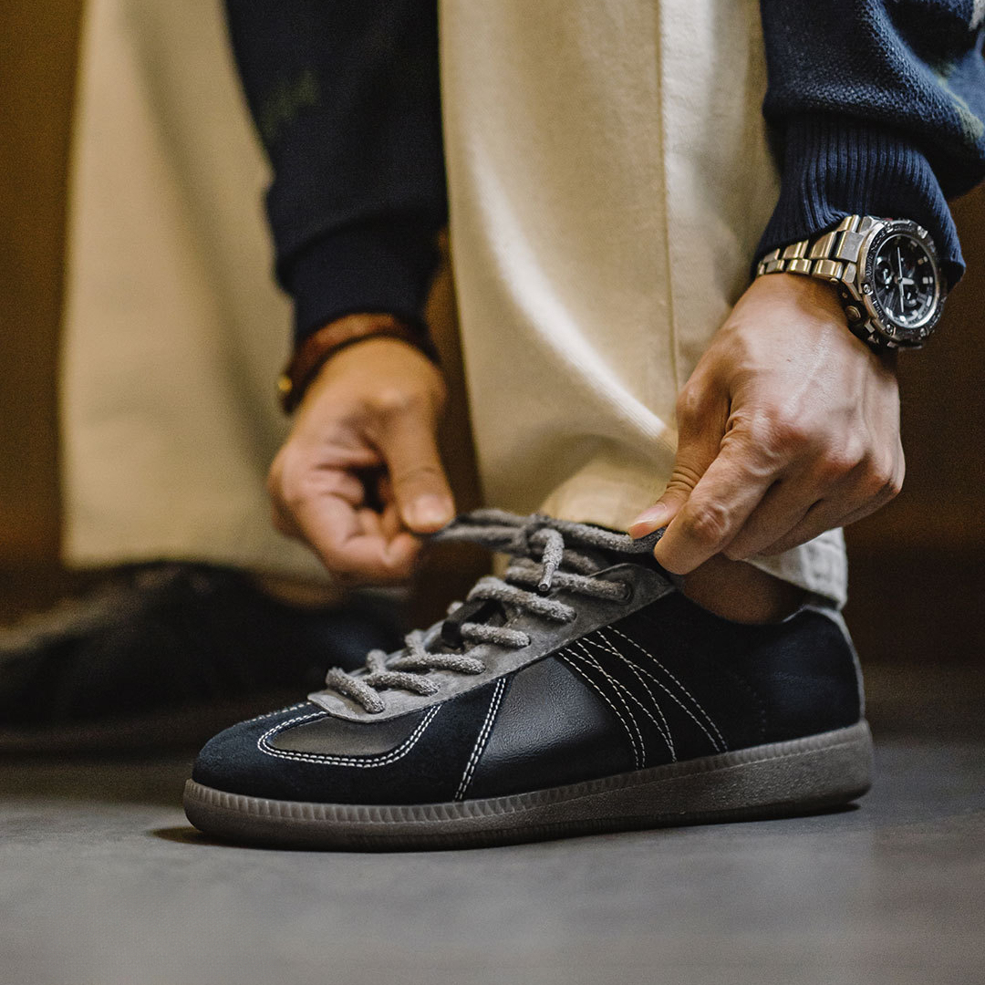 2025春季新款板鞋男低幫復古休閒運動鞋小眾百搭黑色德訓鞋