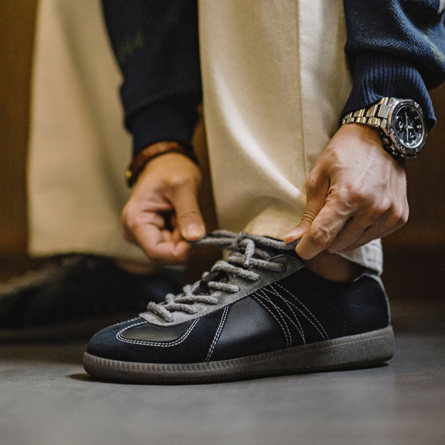 2025春季新款板鞋男低幫復古休閒運動鞋小眾百搭黑色德訓鞋