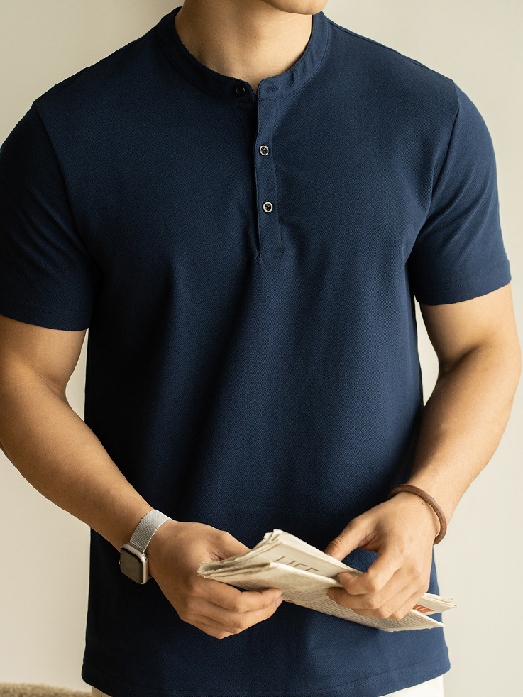 春夏新款7A抗菌防蟎防曬透氣亨利領短袖T恤男士休閒打底衫上衣