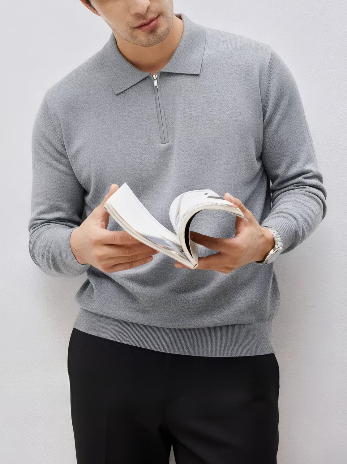 高端商務通勤 羊毛莫代爾 設計感拉鍊翻領毛衣男士冬季保暖針織衫