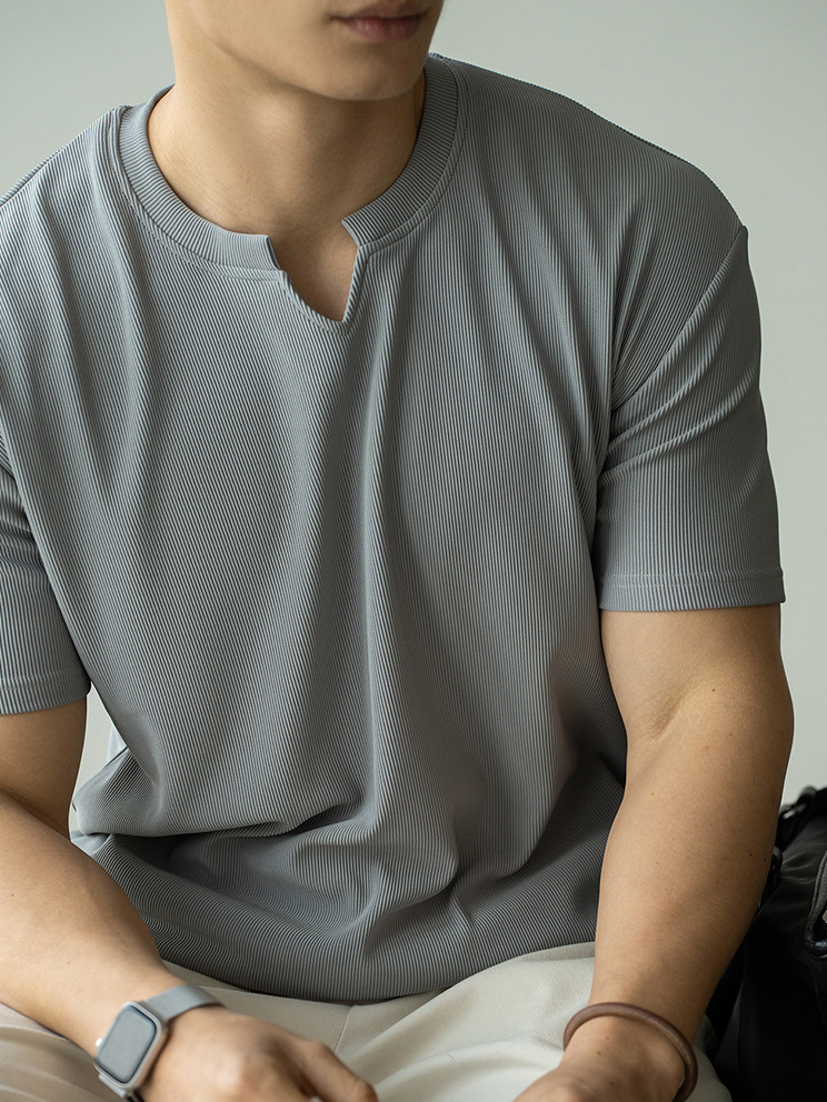 坑條肌理亨利領白色短袖T恤男士2025春夏新款透氣寬鬆亨利衫1688