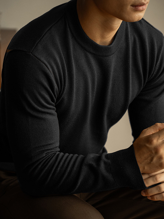 天絲羊毛純色針織衫秋冬新款圓領長袖毛衣男保暖內搭打底衫