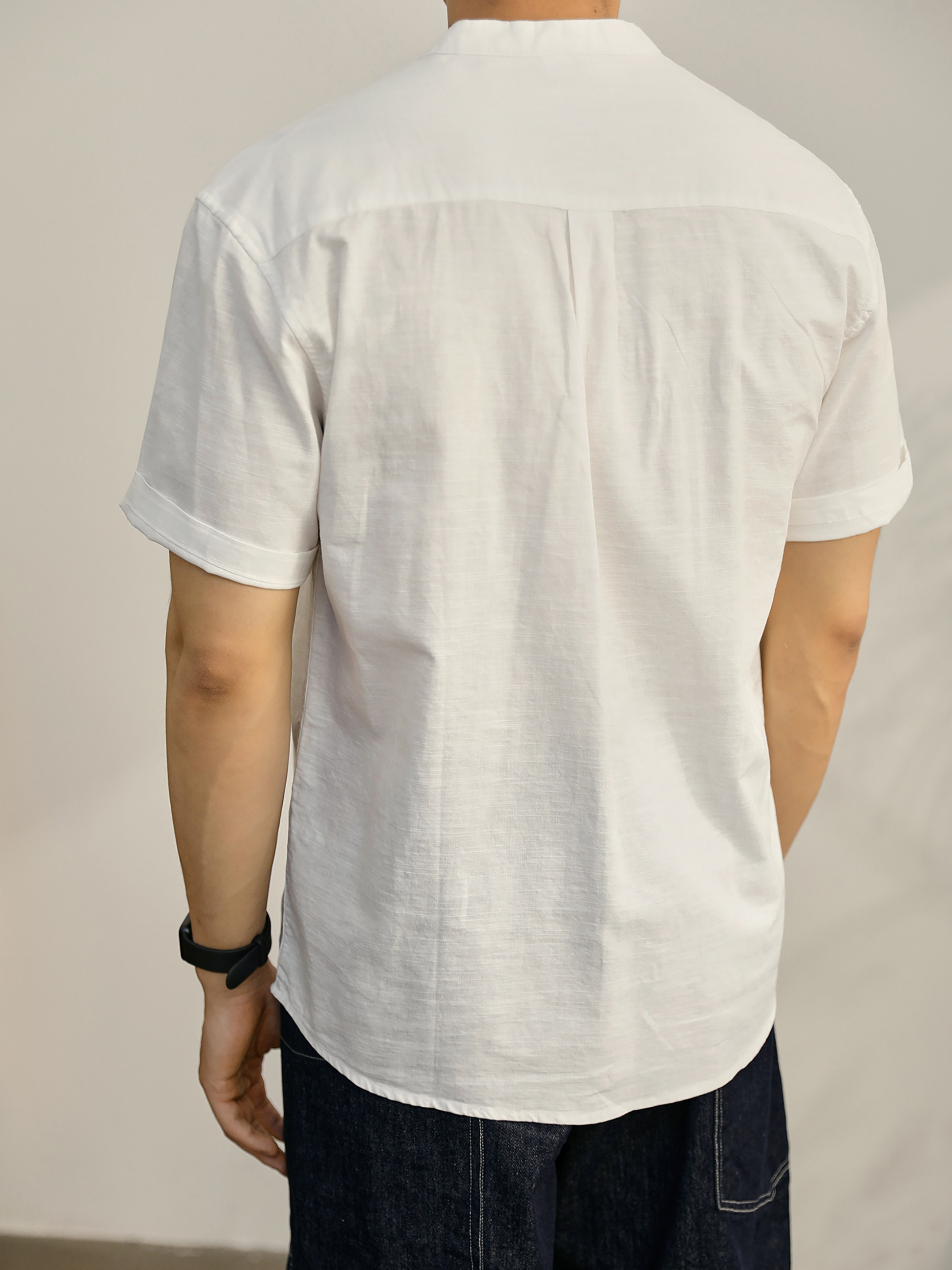 新中式透氣亞麻中山領襯衫白色口袋款襯衣薄款無領男短袖襯衫