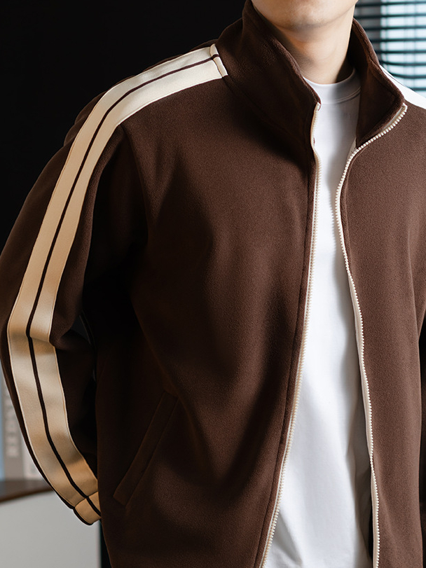 【静奢体感】四层锁棉撞色条纹立领男士外套冬季加厚双面绒夹克衫