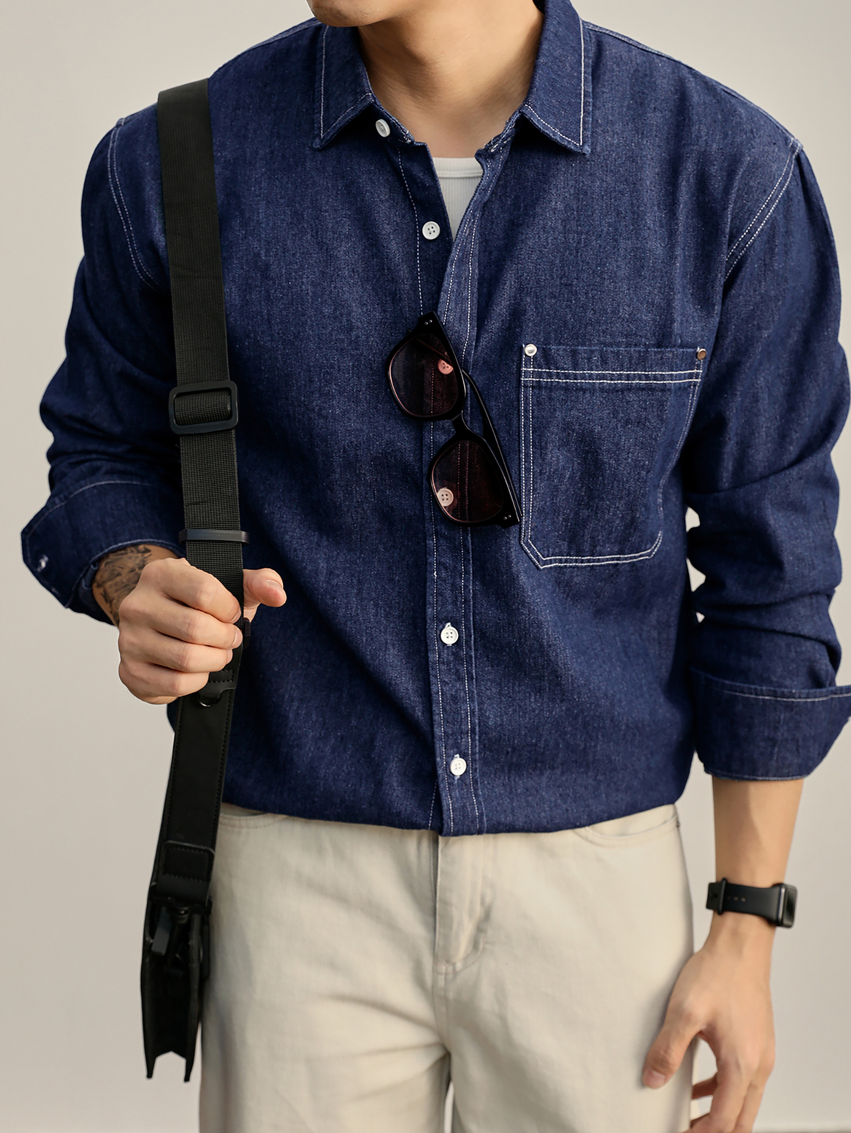 美式復古輯明線鉚釘貼袋設計100%純棉牛仔長袖男士襯衫外套
