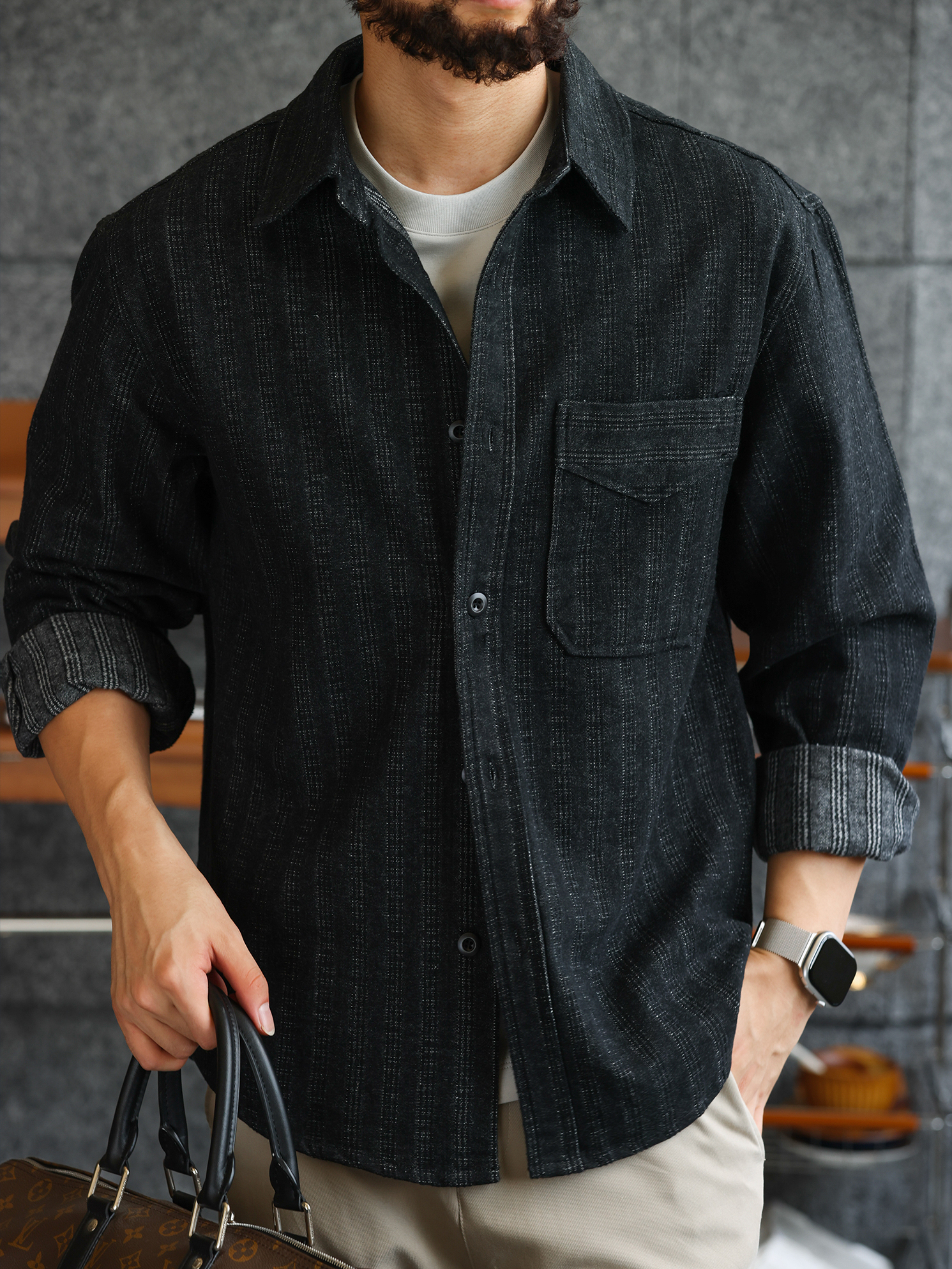 【绅士型格】质感磨毛暗条纹提花仿牛仔衬衫男士硬朗衬衣