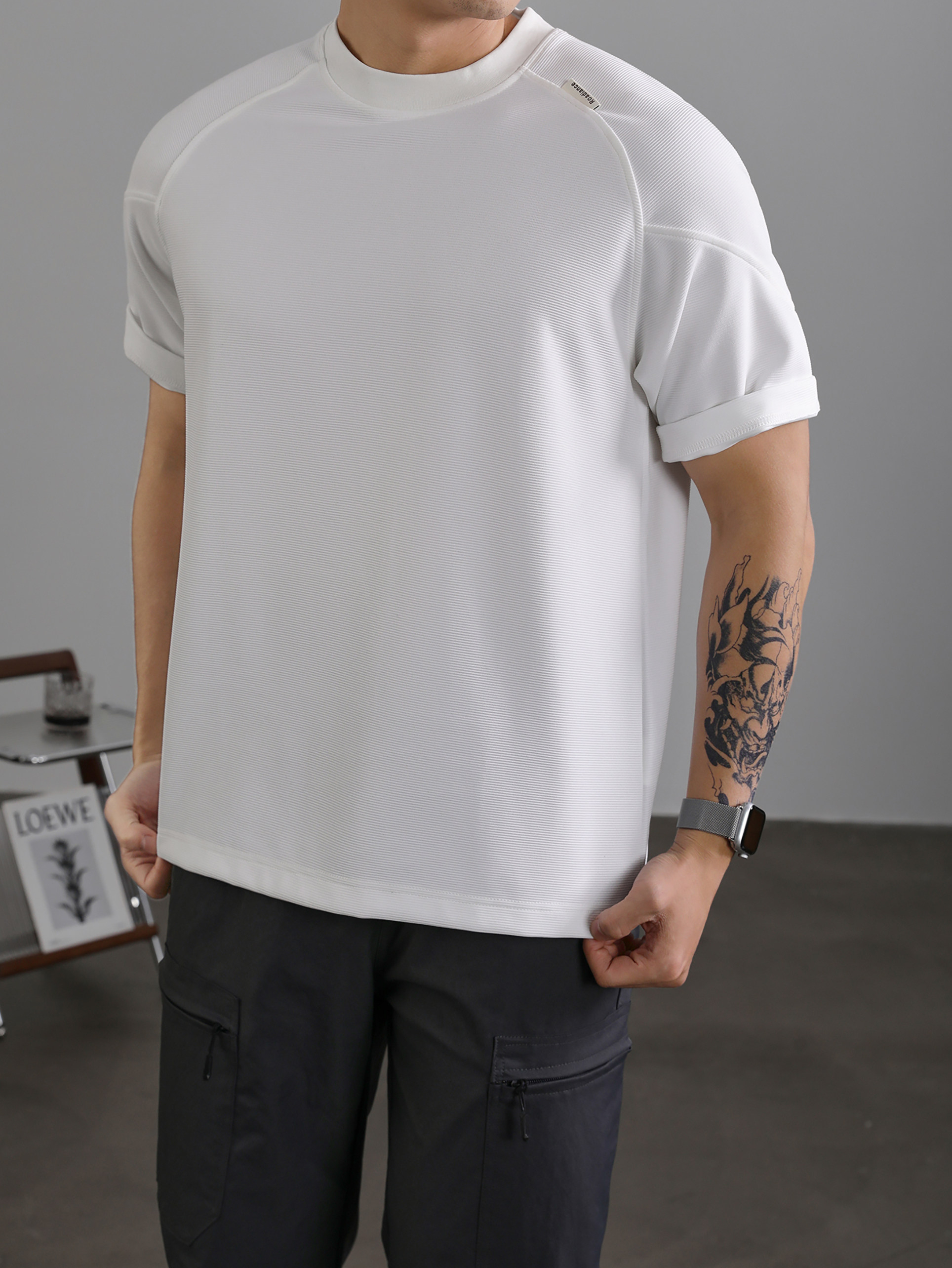 國潮簡質百搭短袖男夏季插肩袖坑條肌理T恤衫休閒圓領上衣