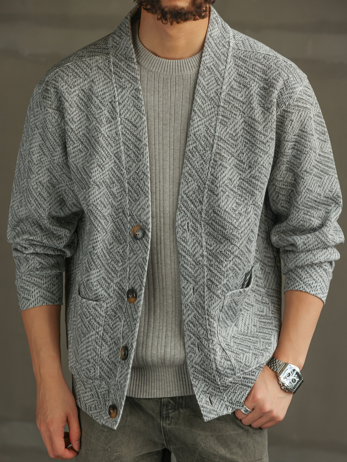 【質感通勤】慵懶鬆弛無領開衫衛衣男秋冬休閒針織衫外套