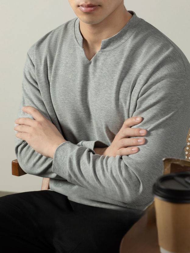 鬆弛感| 高質雙面棉小V亨利領柔軟T恤長袖男士秋冬重磅打底衫