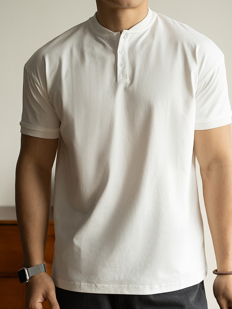 美式休閒亨利領透氣白色薄短袖T恤男士2025新款春季運動打底衫