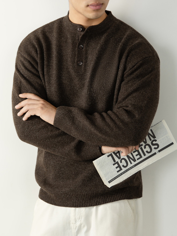 【慵懶隨性】亨利領寬鬆高級感毛衣男秋冬季厚款針織衫復古紳士風