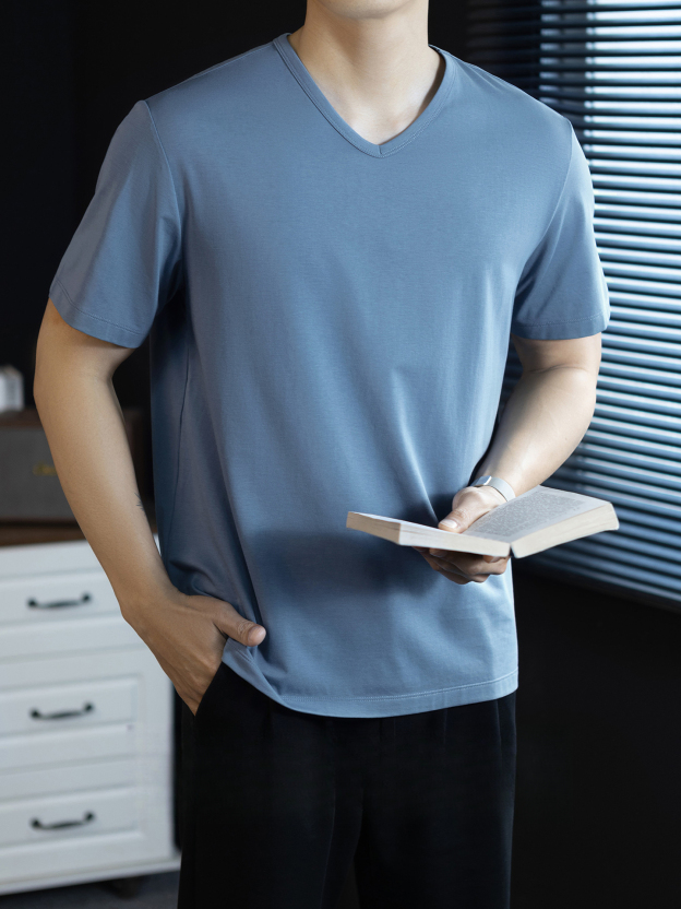 冰絲莫代爾雲感棉V領短袖T恤男士夏季2026休閒涼感純色薄款體恤衫