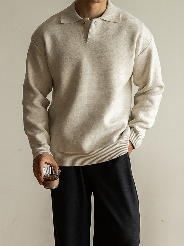 老錢風意式7針米絨翻領半開襟針織衫男士秋冬寬鬆休閒長袖polo衫