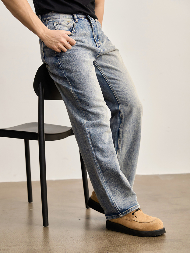 竹節藍貓須復古直筒牛仔褲男美式潮流水洗做舊休閒長褲春夏