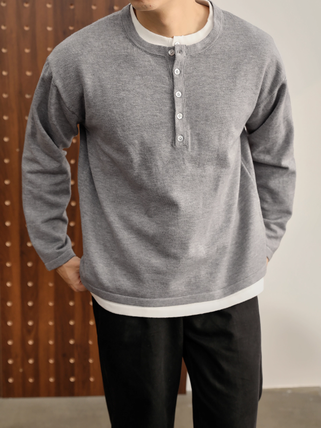 時髦高智感假兩件撞色亨利領針織衫男士秋季休閒百搭長袖T恤