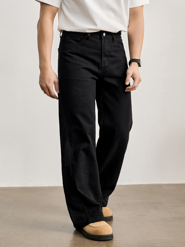 370g碳磨斜紋無彈布直筒牛仔褲男春季100純棉水洗休閒闊腿褲