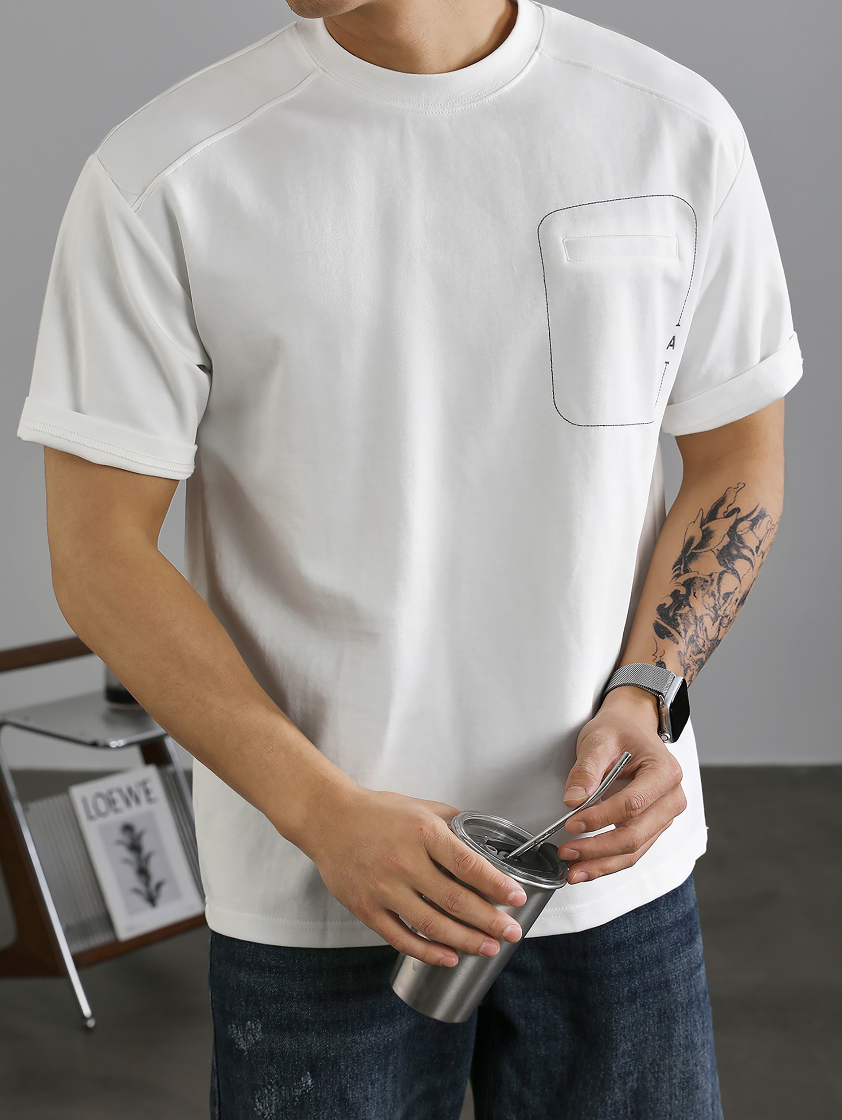 簡約A字刺繡棉質短袖T恤男國潮明線假口袋裝飾百搭圓領體恤