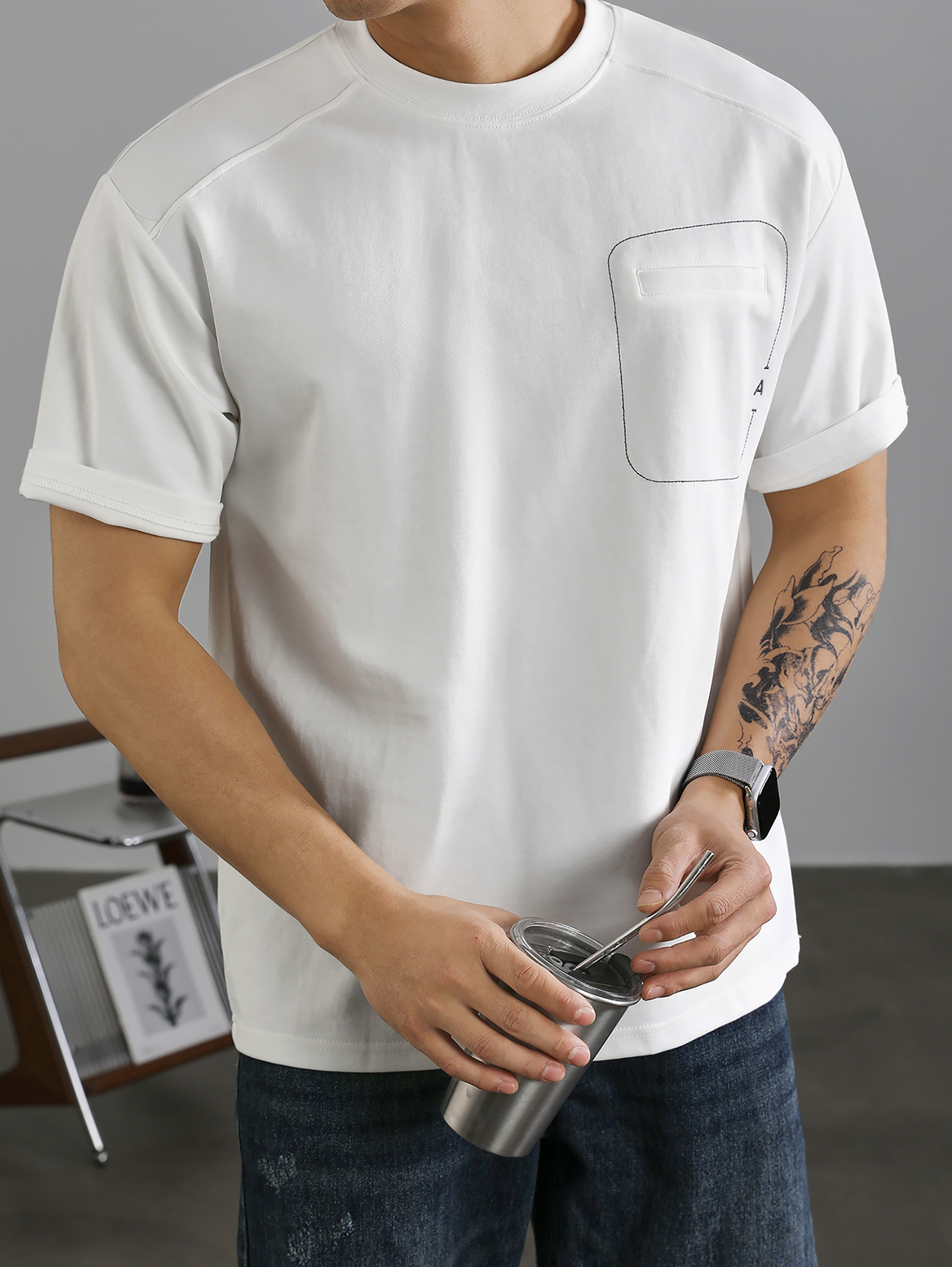 簡約A字刺繡棉質短袖T恤男國潮明線假口袋裝飾百搭圓領體恤