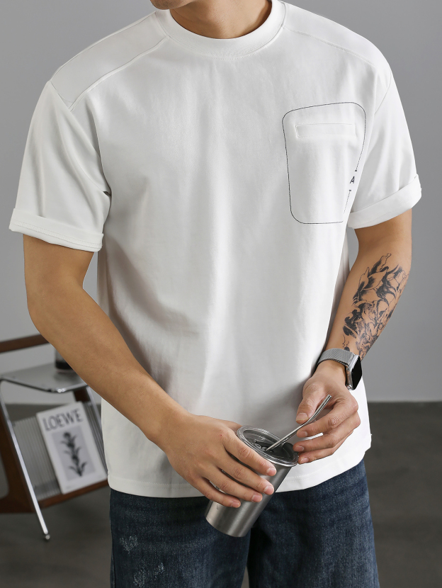簡約A字刺繡棉質短袖T恤男國潮明線假口袋裝飾百搭圓領體恤